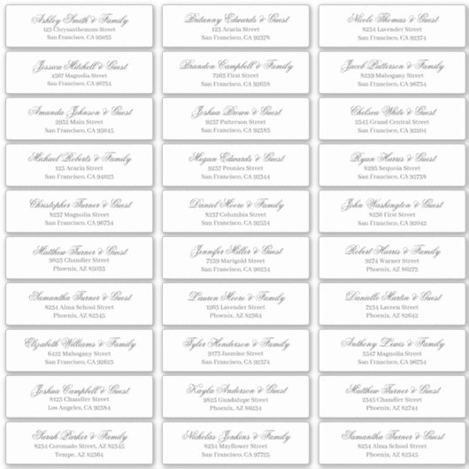Classic Cursive Script Wedding Guest Names Adresse Aufkleber (Vorderseite)