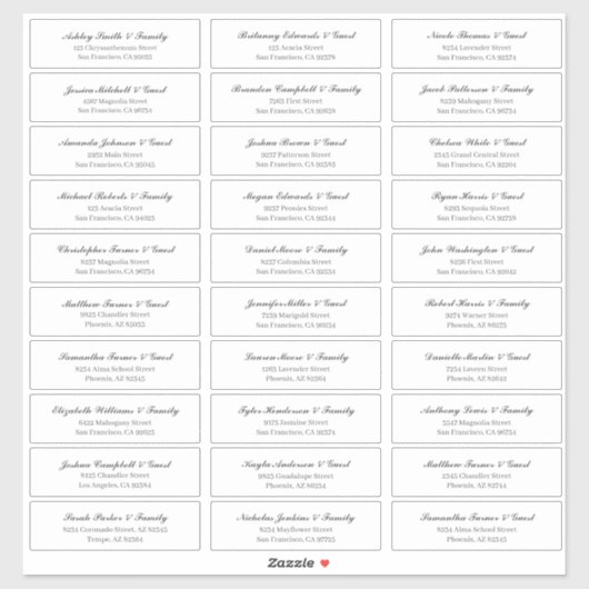 Classic Cursive Script Wedding Guest Names Adresse Aufkleber (Blatt)