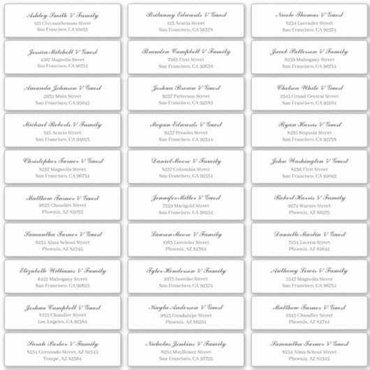 Classic Cursive Script Wedding Guest Names Adresse Aufkleber (Vorderseite)