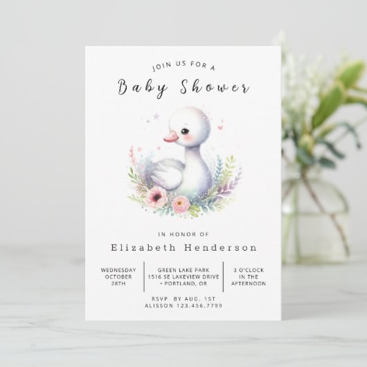 Classic Custom Swan Baby Shower Einladung (Stehend Vorderseite)