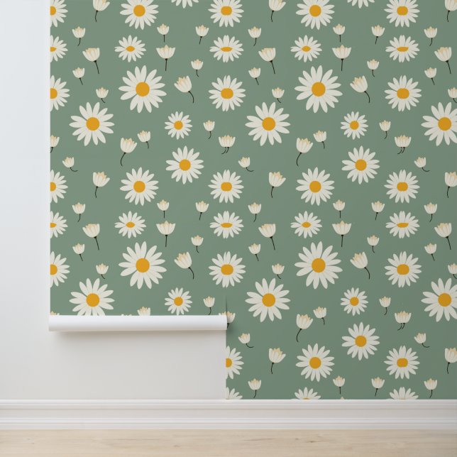 Classic Daisy Vintag Inspiriert Sage Green Tapete (Anwendung)