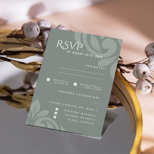 Classic Damask Earthy Sage Foto Wedding RSVP Karte