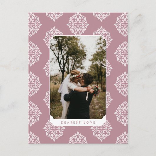 Classic Damask Elegant Script Valentines Day Card Postkarte (Vorderseite)