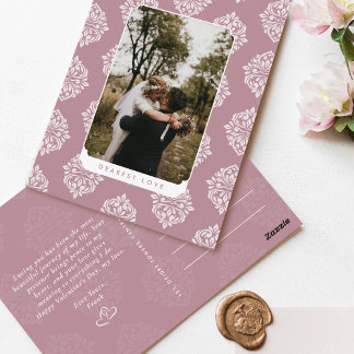 Classic Damask Elegant Script Valentines Day Card Postkarte