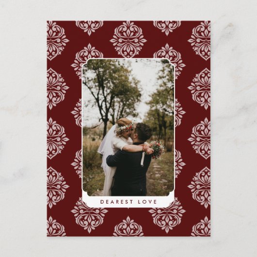 Classic Damask Elegant Script Valentines Day Card Postkarte (Vorderseite)