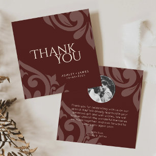 Classic Damask Elegantes Mahogany Rotes Foto Hochz Dankeskarte