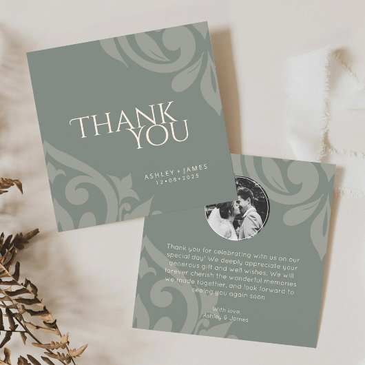Classic Damask Elegantes Olive Foto Hochzeit Dankeskarte