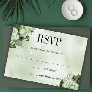 Classic Damask und Rose Bouquet Green Wedding RSVP Karte