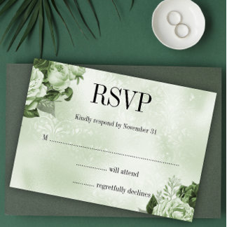 Classic Damask und Rose Bouquet Green Wedding RSVP Karte
