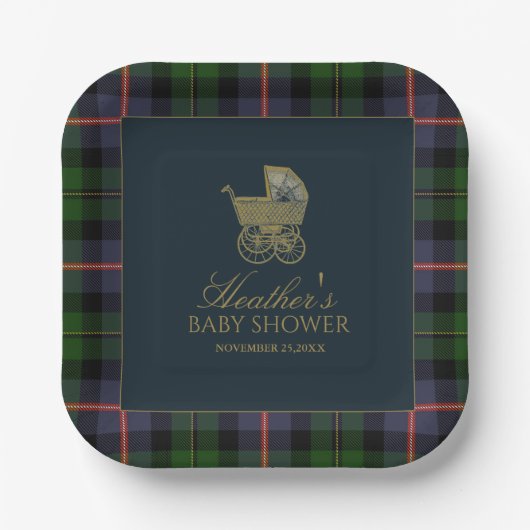 Classic Dark Green Blue Plaid Baby Shower Pappteller (Vorderseite)