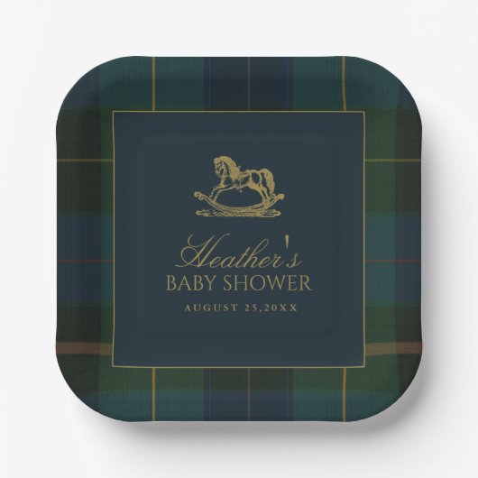 Classic Dark Green & Blue Plaid Baby Shower Pappteller (Vorderseite)