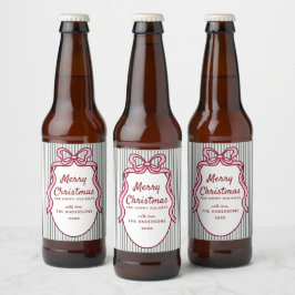 Classic Dark Green Stripes & Pink Bow Christmas  Bierflaschenetikett