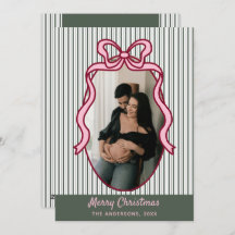 Classic Dark Green Stripes & Pink Bow Christmas