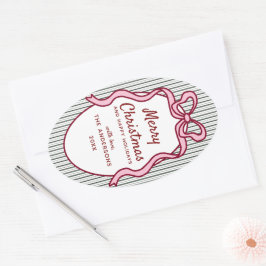 Classic Dark Green Stripes & Pink Bow Christmas Ovaler Aufkleber