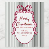Classic Dark Green Stripes & Pink Bow Christmas Weinetikett (Einzelnes Label)