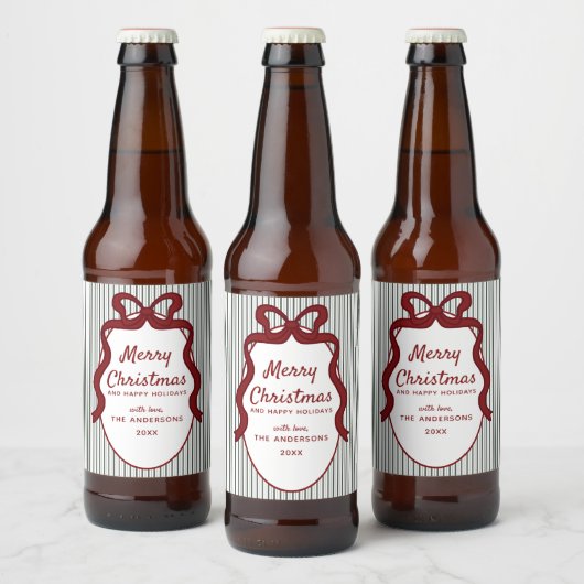 Classic Dark Green Stripes & Red Bow Christmas Bierflaschenetikett (Flaschen)