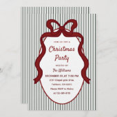 Classic Dark Green Stripes & Red Bow Christmas Einladung (Vorne/Hinten)