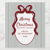 Classic Dark Green Stripes & Red Bow Christmas Weinetikett (Einzelnes Label)