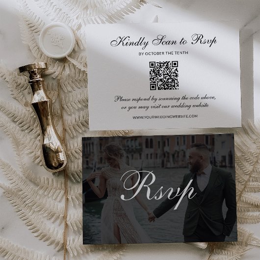Classic Dark Overlay | QR Code Photo Wedding RSVP Karte