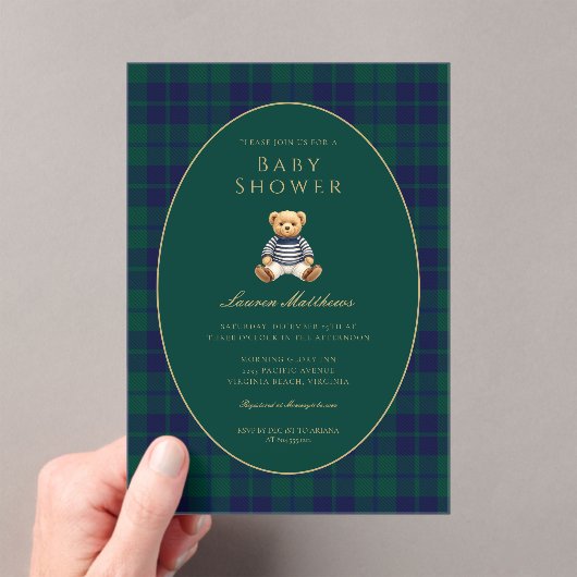Classic Dark Plaid Baby Shower Acrylic Invitation Acryleinladungen (Insitu (Handheld))
