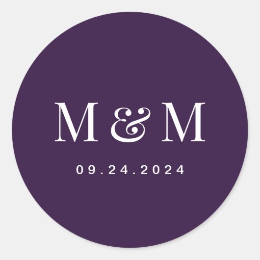 Classic Dark Purple Monogram Typography Wedding Runder Aufkleber (Vorderseite)
