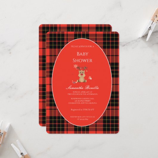 Classic Dark Red Plaid Baby Shower Invitation Einladung (Vorderseite/Rückseite Beispiel)