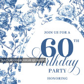 Classic Deep Blue Floral Toile 60th Birthday Invit Einladung