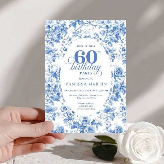 Classic Deep Blue Floral Toile 60th Birthday Invit Einladung