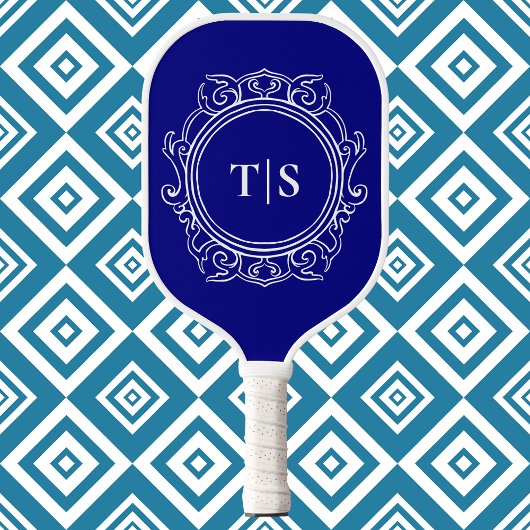 Classic Deep Navy Blue Ornate Monogram Pickleball Schläger