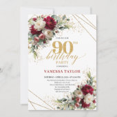 Classic Deep Red Floral Gold 90th Birthday Invite Einladung (Vorderseite)