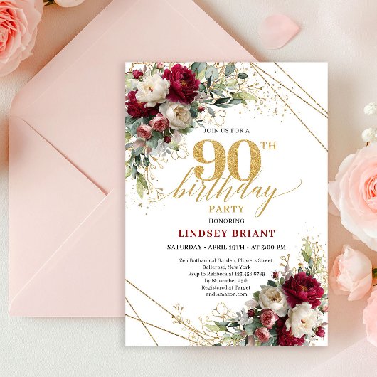 Classic Deep Red Floral Gold 90th Birthday Invite Einladung