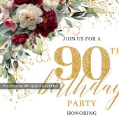 Classic Deep Red Floral Gold 90th Birthday Invite Einladung
