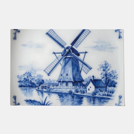 Classic Delft Blue Windmill Canal Scene Fußmatte (Vorderseite)