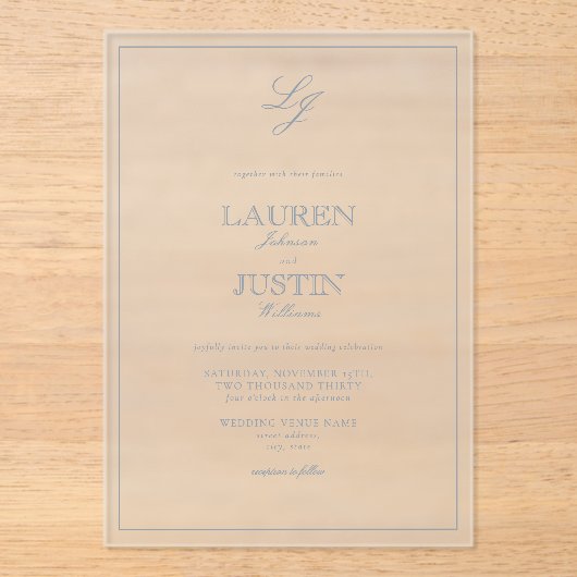 Classic Dusty Blue Calligraphy Monogram Wedding Acryleinladungen (Vorderseite)