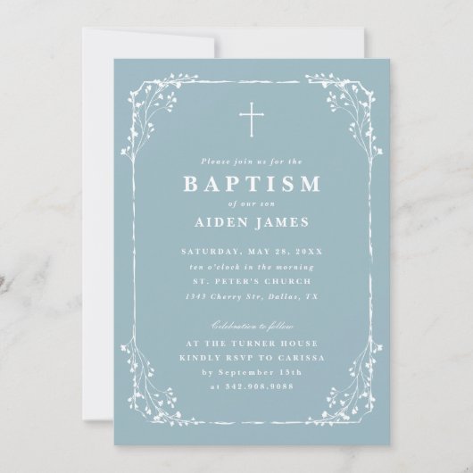 Classic Dusty Blue Dainty Floral Frame Baptism Einladung (Vorderseite)