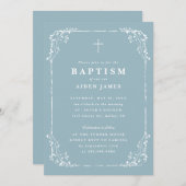 Classic Dusty Blue Dainty Floral Frame Baptism Einladung (Vorne/Hinten)