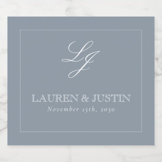 Classic Dusty Blue Elegant Monogram Script Wedding Schaumweinetikett (Einzelnes Label)
