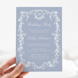 Classic Dusty Blue Floral 50. Geburtstagsparty Einladung