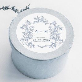 Classic Dusty Blue Floral Crest Monograms Runder Aufkleber