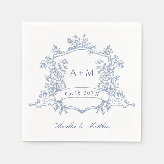 Classic Dusty Blue Floral Crest Monograms Wedding Serviette (Vorderseite)
