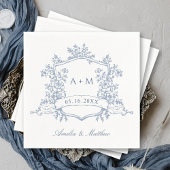 Classic Dusty Blue Floral Crest Monograms Wedding Serviette