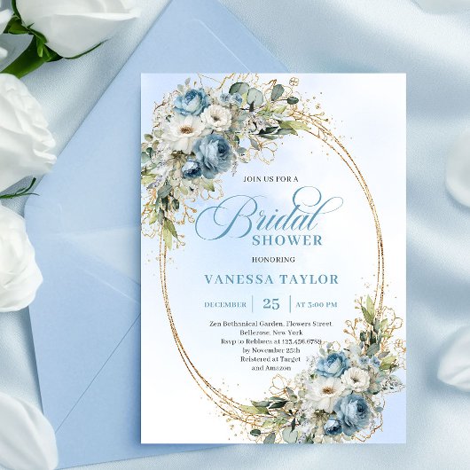Classic Dusty Blue Floral Eucalyptus Bridal Shower Einladung