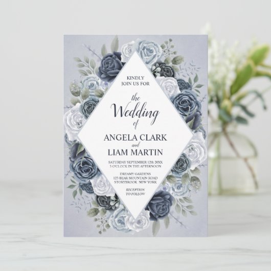 Classic Dusty Blue Floral Geometric Einladung (Stehend Vorderseite)