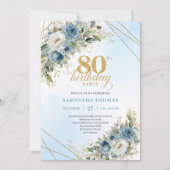 Classic Dusty Blue Floral Gold 80th Birthday Invit Einladung (Vorderseite)