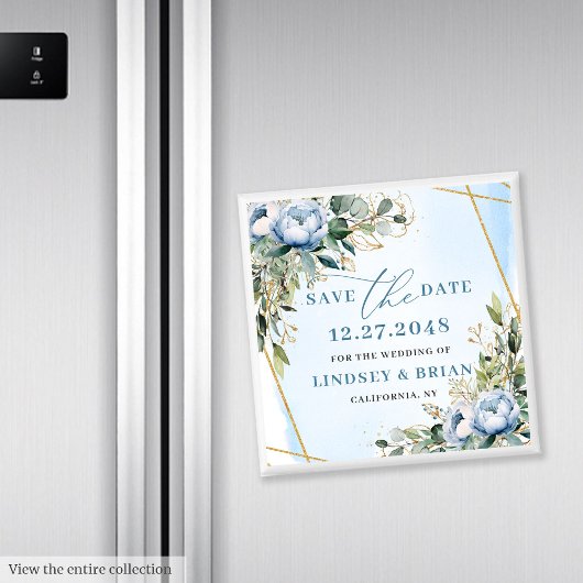 Classic Dusty Blue Floral Gold Frame Save the Date Magnet