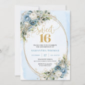 Classic Dusty Blue Floral Sweet 16th Birthday Einladung (Vorderseite)