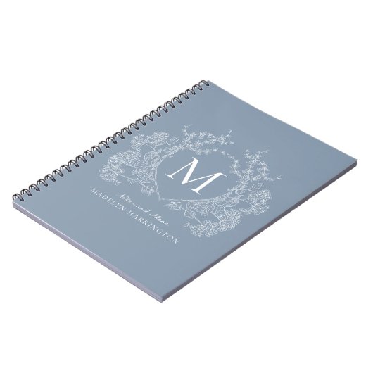 Classic Dusty Blue Floral Wappen Monogram Notebook Notizblock (Linke Seite)