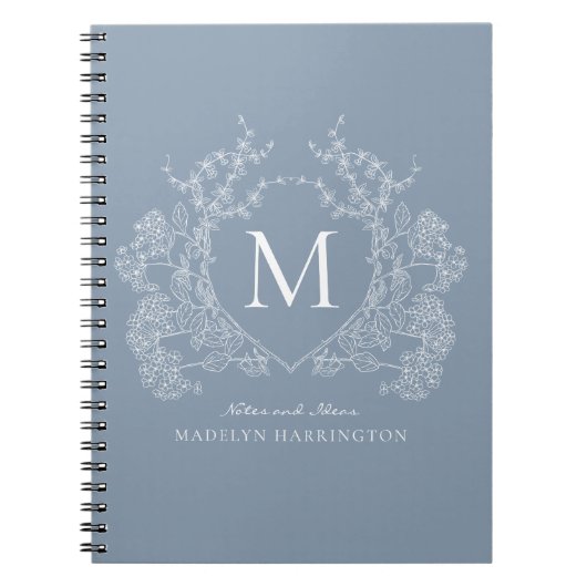 Classic Dusty Blue Floral Wappen Monogram Notebook Notizblock (Vorderseite)