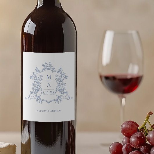 Classic Dusty Blue Floral Wappen Monogramme Hochze Weinetikett