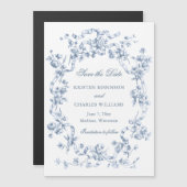 Classic Dusty Blue Flowers & Ribbons Save the Date Magneteinladung (Vorne/Hinten)
